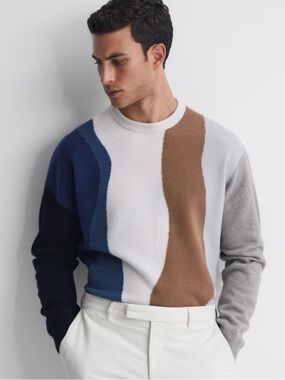 REISS Blue Multi Waters Fluffy 100% Merino Wool Crew Neck Jumper XL